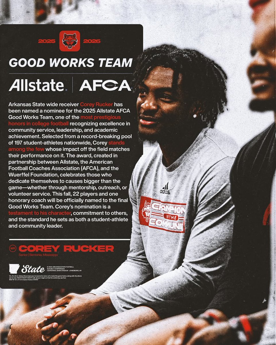 Tommy Walker (@oldwarrior_61) on Twitter photo Congrats to @AstateFB wide receiver <a href="/coreyrckr7/">Corey Rucker🎸</a> being a nominee for the AFCA Good Works team. Keep up the great work on and off the field. The Arkansas State Football brotherhood runs deep! You're about to find out!
📸 <a href="/AStateRedWolves/">Arkansas State Red Wolves Athletics</a> <a href="/sully7777/">Steve Sullivan</a> <a href="/Wess_Moore/">Wess Moore</a> <a href="/WeAreAFCA/">AFCA</a> Congrats to @AstateFB wide receiver <a href="/coreyrckr7/">Corey Rucker🎸</a> being a nominee for the AFCA Good Works team. Keep up the great work on and off the field. The Arkansas State Football brotherhood runs deep! You're about to find out!
📸 <a href="/AStateRedWolves/">Arkansas State Red Wolves Athletics</a> <a href="/sully7777/">Steve Sullivan</a> <a href="/Wess_Moore/">Wess Moore</a> <a href="/WeAreAFCA/">AFCA</a>