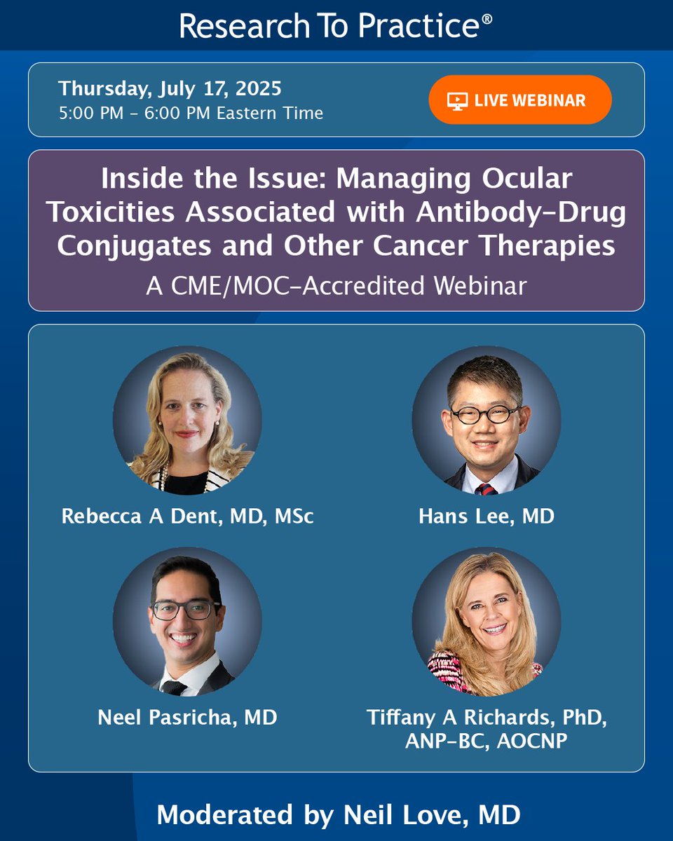 DrNeilLove's tweet image. On Thursday, Dr Neil Love will explore the management of ocular toxicities associated with antibody-drug conjugates and other cancer therapies. Register at the link.
ow.ly/MNXf50Wmr8Y