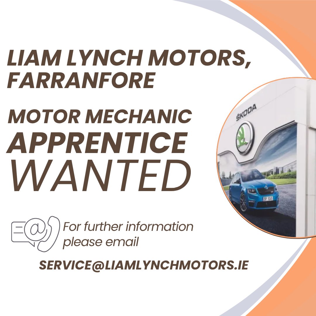 Kerry College (@kerrycollegemvc) on Twitter photo Liam Lynch Motors, Farranfore, are recruiting a motor mechanic apprentice.
For further information, please email service@liamlynchmotors.ie Liam Lynch Motors, Farranfore, are recruiting a motor mechanic apprentice.
For further information, please email service@liamlynchmotors.ie