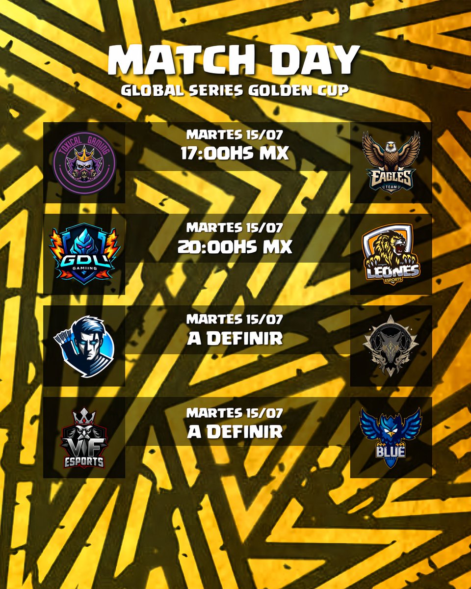Global Series (@ggseriesok) on Twitter photo 🇪🇸 | GSGC
Match Day
<a href="/ToxicalGamingGG/">👑𝕋𝕠𝕩𝕚𝕔𝕒𝕝 𝔾𝕒𝕞𝕚𝕟𝕘👑</a> 🆚 @EAGLESS
<a href="/GDL_GamingCR/">GDL Gaming</a> 🆚 <a href="/EsportsLeonesCR/">Leones eSports</a>
<a href="/ArquerosEsports/">Arqueros Esports</a> 🆚 <a href="/1_The_Beast_/">THE BEAST</a>
<a href="/TeamVF_esport/">Vieille France eSport</a> 🆚 <a href="/WavesBlue7/">Blue Waves</a>
Hoy el grupo C y D definirá a los clasificados a la fase 02!
Quienes avanzaran?
#GGSGC 🇪🇸 | GSGC
Match Day
<a href="/ToxicalGamingGG/">👑𝕋𝕠𝕩𝕚𝕔𝕒𝕝 𝔾𝕒𝕞𝕚𝕟𝕘👑</a> 🆚 @EAGLESS
<a href="/GDL_GamingCR/">GDL Gaming</a> 🆚 <a href="/EsportsLeonesCR/">Leones eSports</a>
<a href="/ArquerosEsports/">Arqueros Esports</a> 🆚 <a href="/1_The_Beast_/">THE BEAST</a>
<a href="/TeamVF_esport/">Vieille France eSport</a> 🆚 <a href="/WavesBlue7/">Blue Waves</a>
Hoy el grupo C y D definirá a los clasificados a la fase 02!
Quienes avanzaran?
#GGSGC