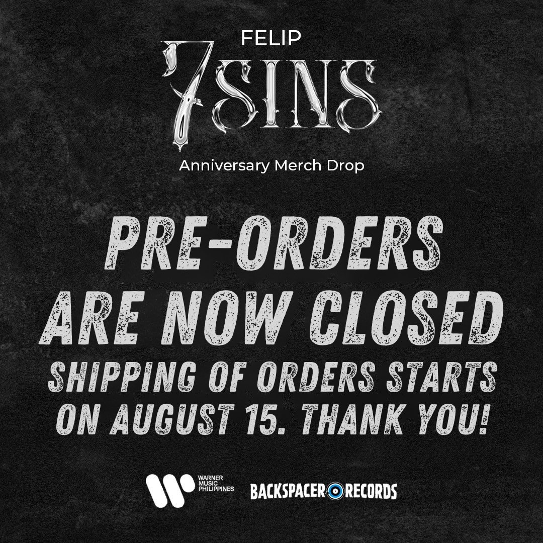 Thanks for celebrating the 1st anniversary of FELIP’s 7sins with us! FELIP fans are truly some of the most supportive and loving out there.

Confirmed pre-orders ship starting Aug 15. Watch out for our email!

Can’t wait to see you rocking the merch!
<a href="/felipsuperior/">FELIP</a> <a href="/WarnerMusicPH/">Warner Music Philippines</a>