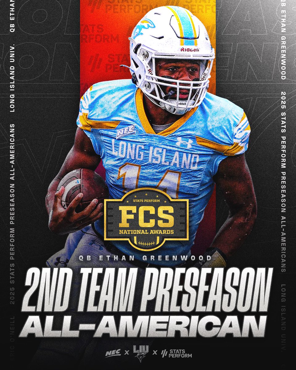 NECFootball's tweet image. 🏈 - 🇺🇸 - 🫡
On the heels of a 2024 campaign that was worthy of @OptaAnalystFCS Third-Team All-America distinction, @LIUSharksFB redshirt junior Ethan Greenwood has been named to the organization’s Preseason All-America Second Team.
#NECFB
