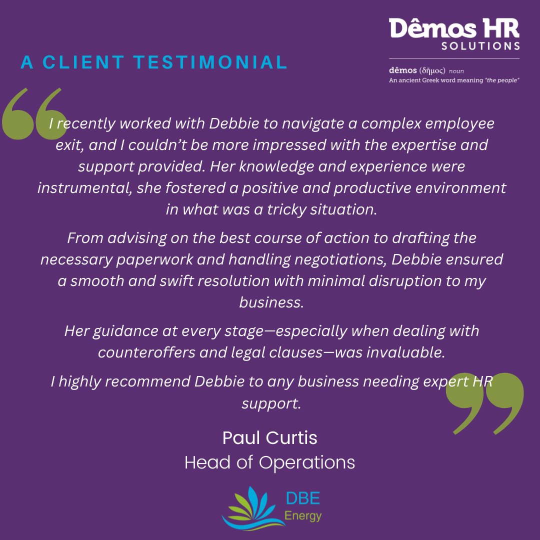Demos HR Solutions (@demoshruk) on Twitter photo Thank you to Paul Curtis, Head of Operations at #DBEEnergy, for this fantastic feedback following our recent work together on a sensitive employee exit.
Need expert HR support you can trust when it matters most? Let’s talk. Call us on 07974 695 365 or email hello@demoshr.co.uk. Thank you to Paul Curtis, Head of Operations at #DBEEnergy, for this fantastic feedback following our recent work together on a sensitive employee exit.
Need expert HR support you can trust when it matters most? Let’s talk. Call us on 07974 695 365 or email hello@demoshr.co.uk.