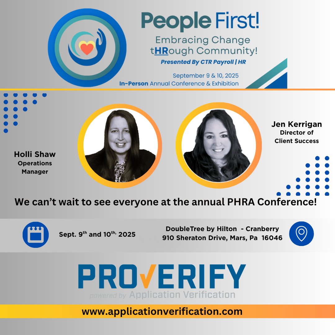 AppVerification's tweet image. ☀️We’re still soaking up every bit of summer, but we’re also looking forward to connecting with everyone at the annual PHRA Conference this September! Be sure to swing by and say hi to the ProVerify team—we’d love to see you! Register here:
 bit.ly/4lyjedM