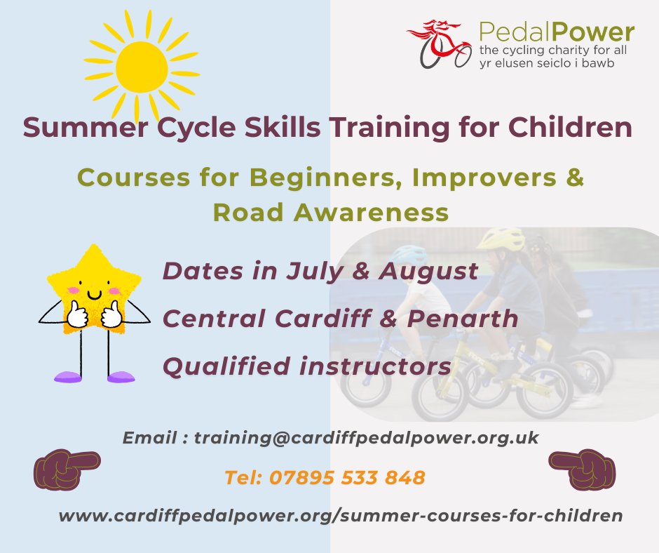 Looking for cycle skills training for children? We've got it covered! Summer time courses for beginners, improvers and on-road. Also 1 to 1 and group training for children with &amp; without disabilities. Contact details for more info and to book below. cardiffpedalpower.org