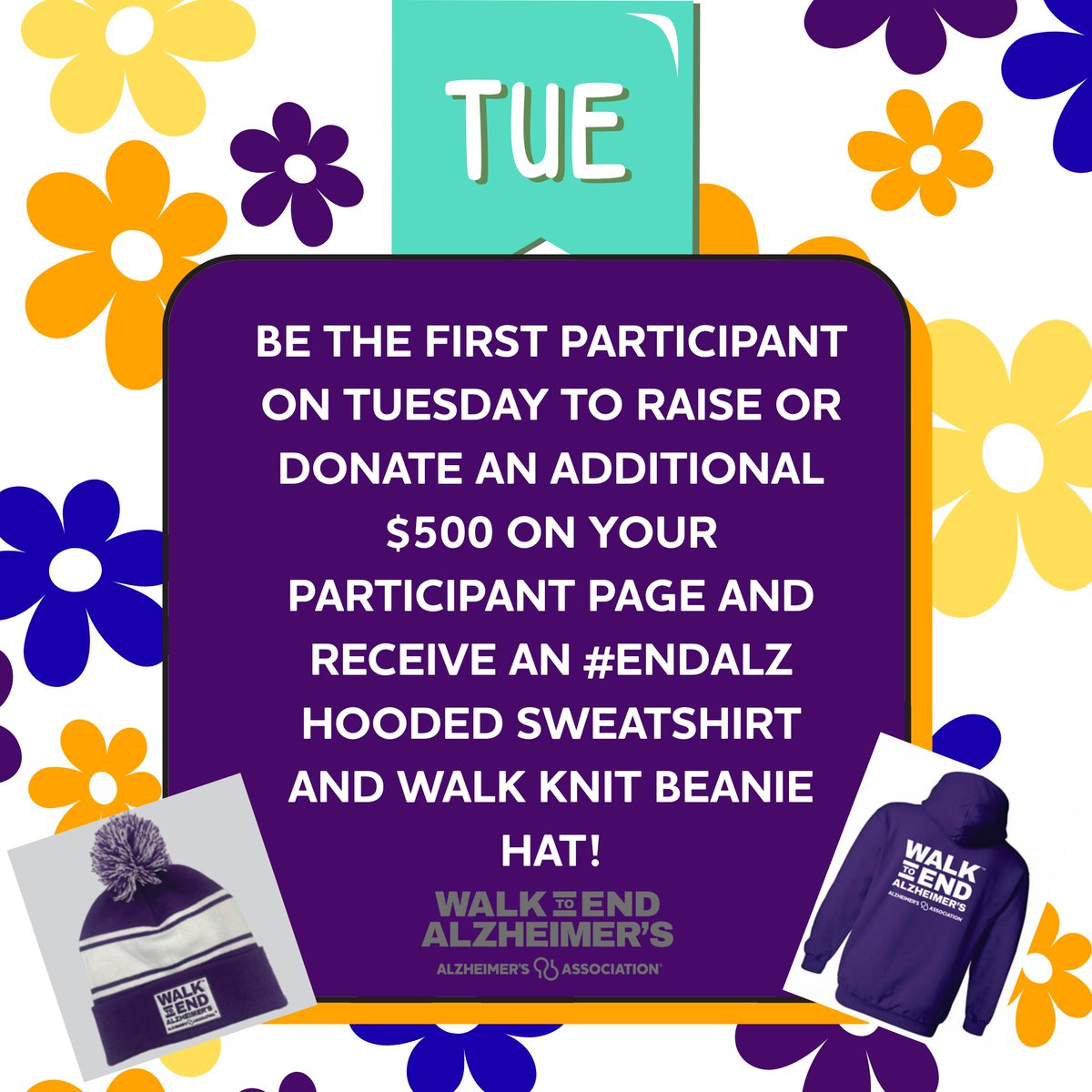 ALZNCA's tweet image. 🎉 Tuesday, July 15 - The first participant from each of our 6 Walks  to raise/donate $500 TODAY wins an #ENDALZ hooded sweatshirt &amp;amp; a cozy #Walk2EndAlz knit beanie! 💜 Not yet registered? Sign up at alz.org/ncawalks to join the fun!  #SpiritWeekChallenge