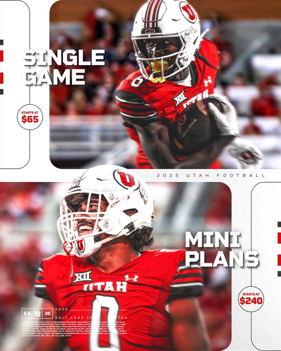 Utah Football (@utah_football) on Twitter photo ๐๐ ๐๐๐๐ ๐๐๐โผ๏ธ
Secure your tickets for the 2025 Football Season with these two options:
1๏ธโฃ: Single Game Tickets starting at $65
2๏ธโฃ: Mini-Plan Tickets starting at $240 (select a package to attend three home games)
๐๏ธ: utahutes.evenue.net/list/FB?RSRC=Sโฆ
For more info, follow ๐งต ๐๐ ๐๐๐๐ ๐๐๐โผ๏ธ
Secure your tickets for the 2025 Football Season with these two options:
1๏ธโฃ: Single Game Tickets starting at $65
2๏ธโฃ: Mini-Plan Tickets starting at $240 (select a package to attend three home games)
๐๏ธ: utahutes.evenue.net/list/FB?RSRC=Sโฆ
For more info, follow ๐งต