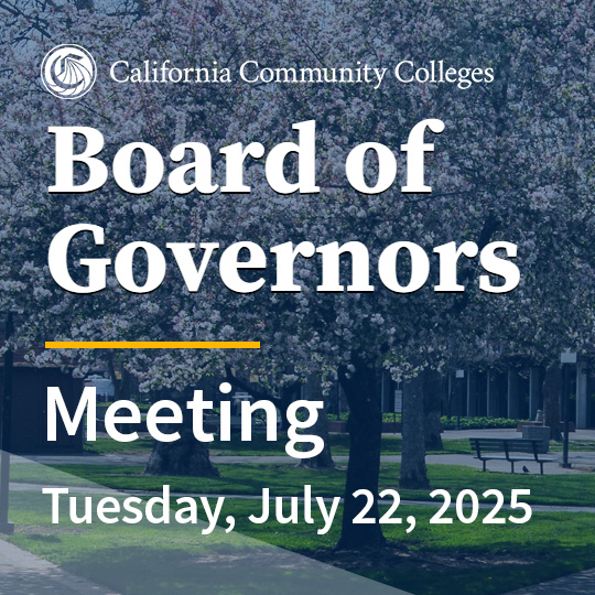 California Community Colleges (@calcommcolleges) on Twitter photo TUNE IN: The July 2025 meeting of the <a href="/CalCommColleges/">California Community Colleges</a> Board of Governors is Tuesday, July 22, 2025, from 9:00 a.m. to 5:00 p.m. with a Closed Session from 9:05 a.m. to 9:35 a.m., in-person in Sacramento and viewable via Zoom.
AGENDA & VIDEO LINK: bit.ly/3IqeAjn. TUNE IN: The July 2025 meeting of the <a href="/CalCommColleges/">California Community Colleges</a> Board of Governors is Tuesday, July 22, 2025, from 9:00 a.m. to 5:00 p.m. with a Closed Session from 9:05 a.m. to 9:35 a.m., in-person in Sacramento and viewable via Zoom.
AGENDA & VIDEO LINK: bit.ly/3IqeAjn.