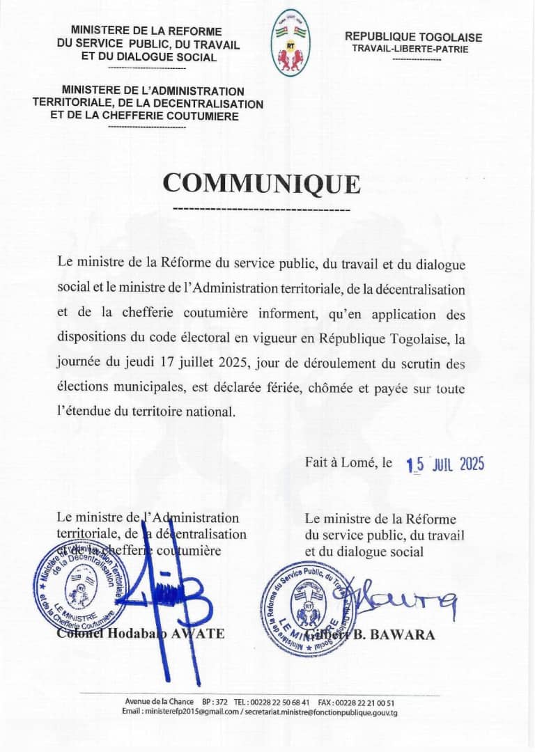 redemedia228's tweet photo. Jeudi 17 juillet 2025 est déclaré férié, chômé et payé sur toute l’étendue du territoire national, conformément au code électoral.
#Togo #Élections2025 #InfoTG https://t.co/CXgq74HzCc