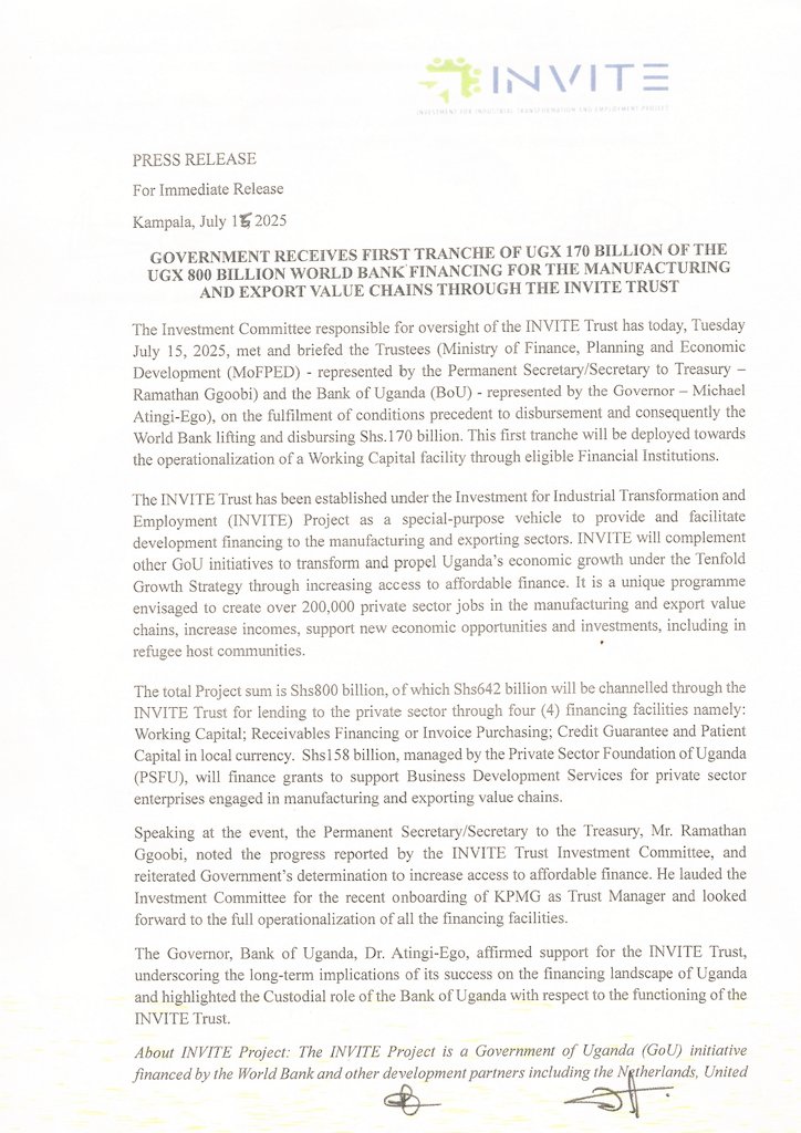mofpedU's tweet image. PRESS RELEASE:
The @GovUganda has today received the first tranche of UGX 170 billion INVITE PROJECT FUND to support manufacturing and Export firms.
This project is financed by the World Bank to the tune of UGX 800 billion and is expected to create over 200,000 private sector…