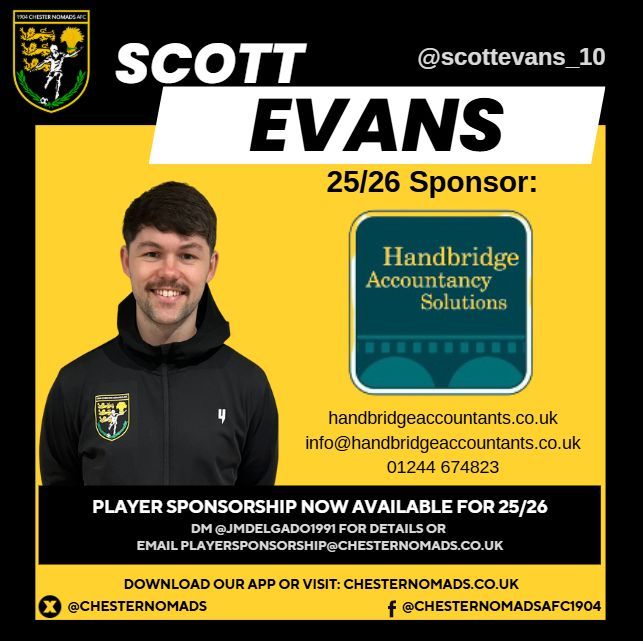 Chester Nomads (@chesternomads) on Twitter photo Big thanks to Handbridge Accountancy Solutions for supporting <a href="/ChesterNomads/">Chester Nomads</a> and for their generous sponsorship of <a href="/scottevans_10/">Scott Evans</a> #Chester #Grassroots #SupportLocal Big thanks to Handbridge Accountancy Solutions for supporting <a href="/ChesterNomads/">Chester Nomads</a> and for their generous sponsorship of <a href="/scottevans_10/">Scott Evans</a> #Chester #Grassroots #SupportLocal