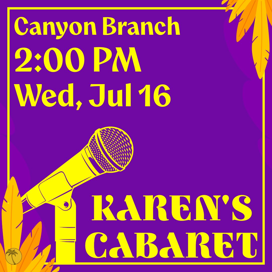 pbclibrary's tweet image. Get ready to smile and tap your toes! Karen Lehrman delights with timeless tunes from Broadway, Sinatra, and the Golden Oldies an afternoon of music and memories you won't want to miss!
#pbclibrary#KarensCabaret#BroadwayTunes#SinatraSongs#LiveMusicEvent#CanyonBranch