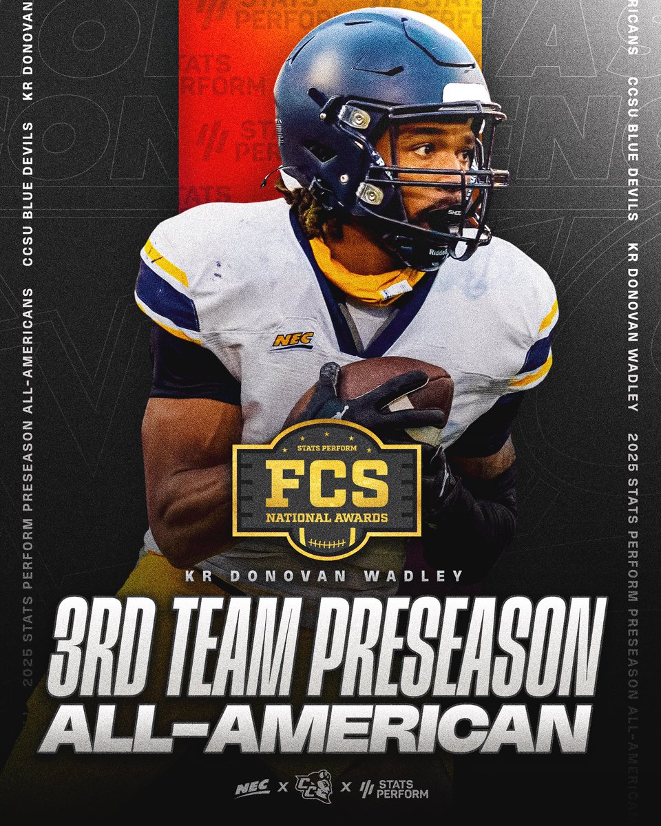 NECFootball's tweet image. 🏈 - 🇺🇸 - 🫡
Donovan Wadley, a familiar face on the #NECFB gridiron who returns to the circuit in 2025 donning the uniform of defending league co-champ @ccsu_fb, makes his Blue Devil debut as a @OptaAnalystFCS Third Team All-American.