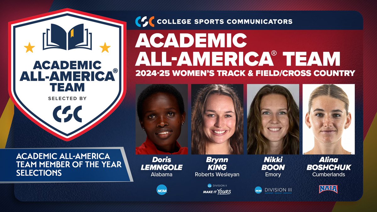 College Sports Communicators (@collsportscomm) on Twitter photo Congratulations to the 2024-25 CSC Academic All-America® women's track & field/cross country teams across the <a href="/NCAA/">NCAA</a>, <a href="/NCAADII/">NCAA Division II</a>, <a href="/NCAADIII/">NCAA Division III</a> & <a href="/NAIA/">NAIA</a>!
Four <a href="/AcadAllAmerica/">Academic All-America®, selected by CSC</a> standouts in competition and in the classroom:
⭐️Doris Lemngole, University of Alabama (<a href="/UA_Athletics/">Alabama Athletics</a> / Congratulations to the 2024-25 CSC Academic All-America® women's track & field/cross country teams across the <a href="/NCAA/">NCAA</a>, <a href="/NCAADII/">NCAA Division II</a>, <a href="/NCAADIII/">NCAA Division III</a> & <a href="/NAIA/">NAIA</a>!
Four <a href="/AcadAllAmerica/">Academic All-America®, selected by CSC</a> standouts in competition and in the classroom:
⭐️Doris Lemngole, University of Alabama (<a href="/UA_Athletics/">Alabama Athletics</a> /