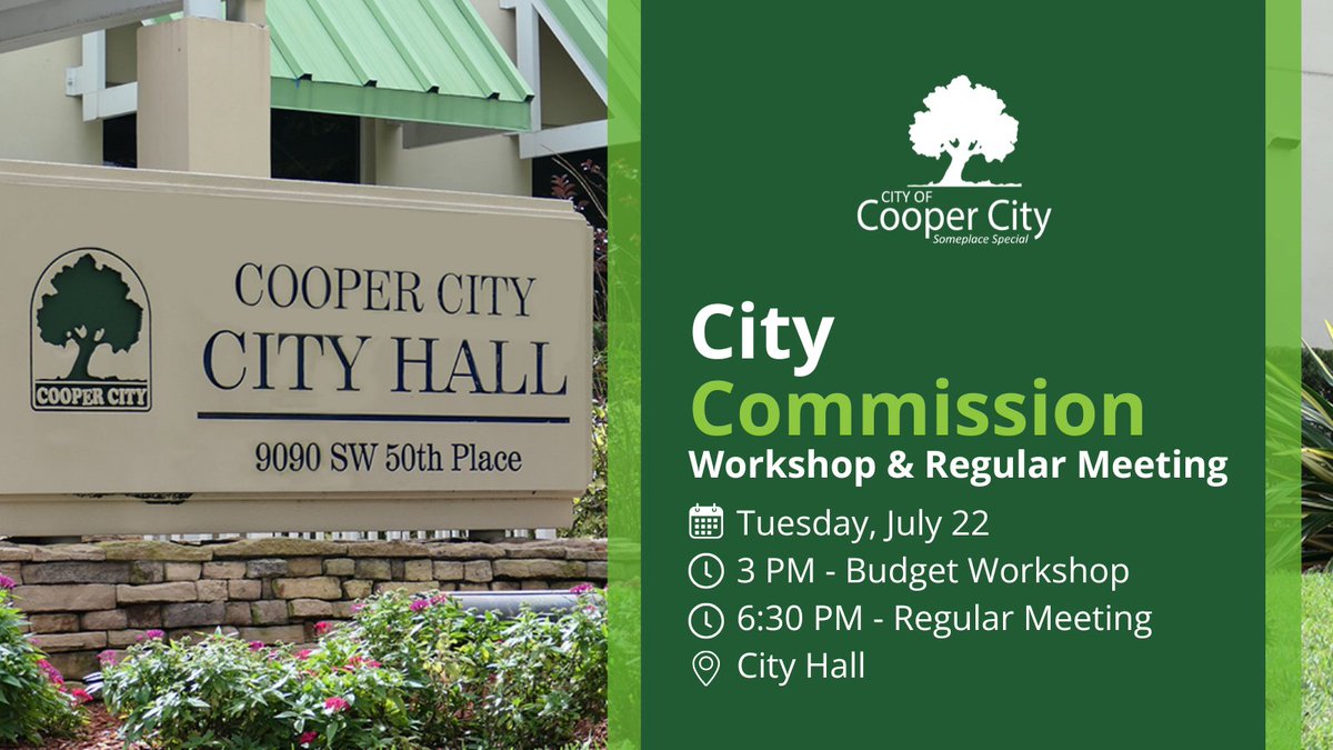 The City Commission will gather for a Budget Workshop and Regular Meeting next Tuesday, July 22.  We get started with the Workshop at 3 PM at City Hall. For a look at the agendas, please visit: coopercity.gov/city-commissio….

To participate online, visit: CooperCity.gov/ViewMeeting.