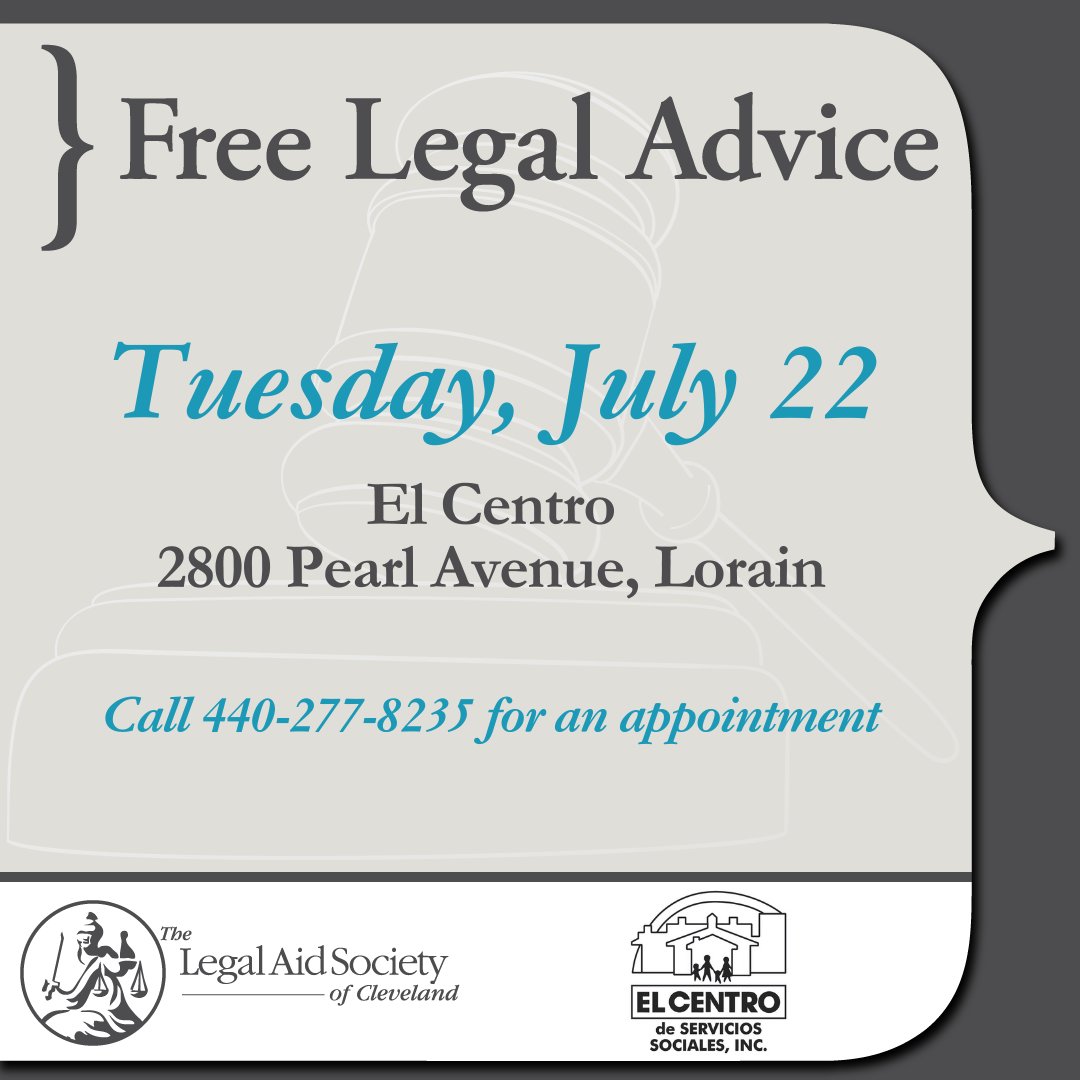 LegalAidCLE's tweet image. Attention Lorain County residents! Next Tues., July 22 our team will be at @LorainElCentro (2800 Pearl Ave) to offer free advice about civil legal issues. Call now for an appointment: 440-277-8235. loom.ly/-NqPv5Y