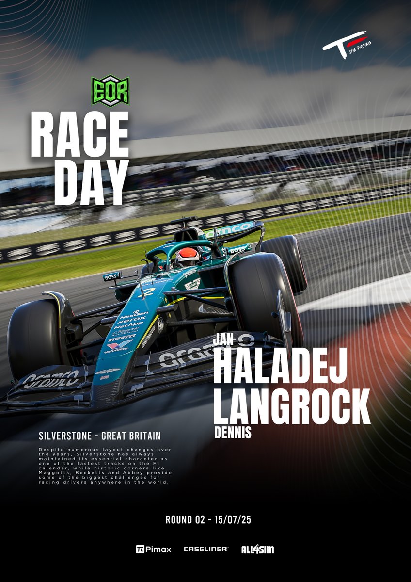TomasEngeSimRacing (@tomas_enge_sim) on Twitter photo It's Race Day for the <a href="/EORFormula1/">Evolution Online Racing</a>! 🇬🇧
Jan Haladej and Dennis Langrock are set to represent our team in the championship's second round at the iconic Silverstone!
Good luck to our drivers! 🍀🏎️
Tune in live at 8pm CET:
twitch.tv/eorformula1
Line up:
♦️ <a href="/pesohalik/">Jan Haladej 🇨🇿</a>
♦️ It's Race Day for the <a href="/EORFormula1/">Evolution Online Racing</a>! 🇬🇧
Jan Haladej and Dennis Langrock are set to represent our team in the championship's second round at the iconic Silverstone!
Good luck to our drivers! 🍀🏎️
Tune in live at 8pm CET:
twitch.tv/eorformula1
Line up:
♦️ <a href="/pesohalik/">Jan Haladej 🇨🇿</a>
♦️