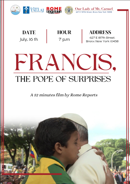 ¿Estás en Nueva York y buscas un plan para mañana? 🤔

¡Acompáñanos en la proyección de ‘Francisco, el papa de las sorpresas’ 🖥️

📅 16 de julio

¿A qué hora? ⏰ 7 p.m.

¿Dónde? 📍 627 E 187th Street, Bronx, Nueva York 10458

Entrada GRATUITA‼️ Estás invitado‼️