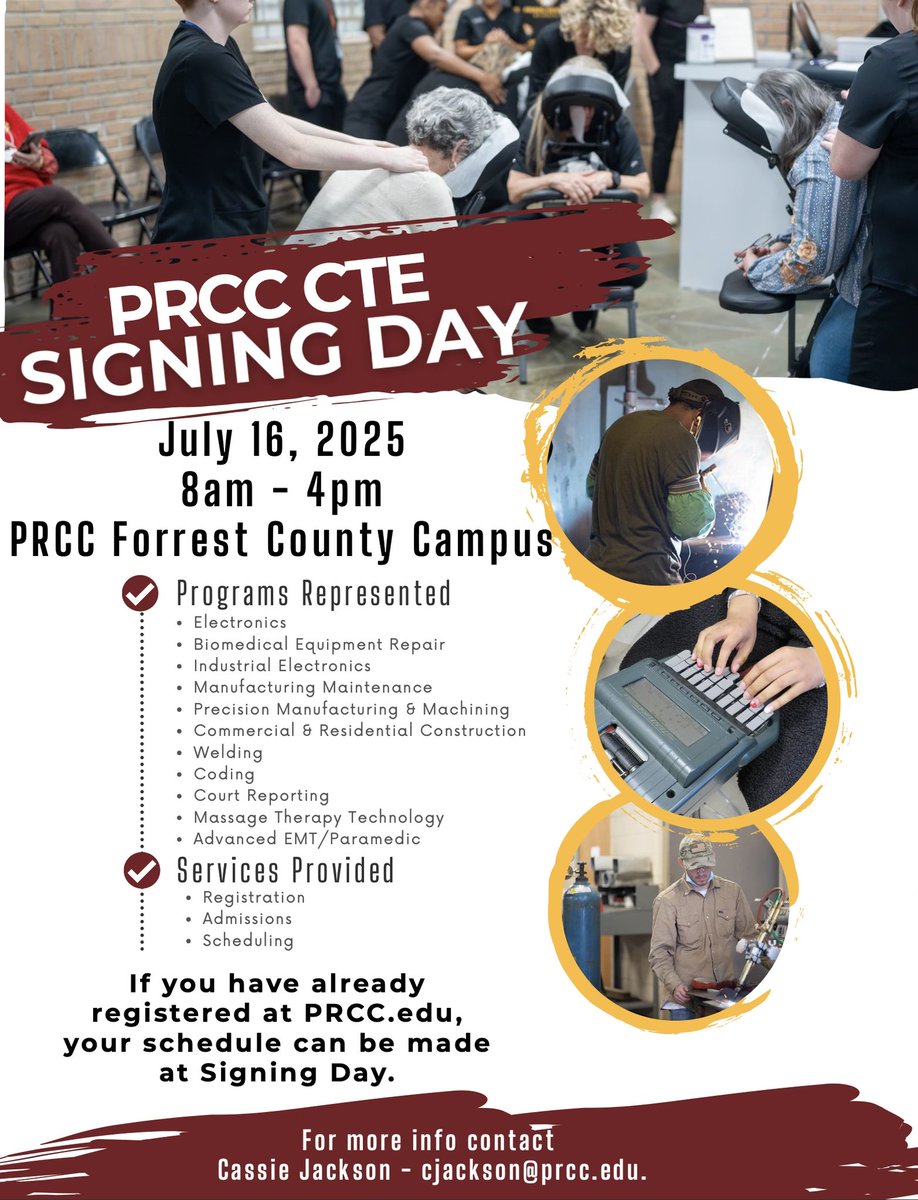 PRCC Wildcats (@prcc_wildcats) on Twitter photo 📢 Explore hands-on career training at PRCC!
Join us for CTE Signing Day
📅 July 16 | ⏰ 8AM–4PM
📍 Forrest County Campus
✅ Meet instructors
✅ Register for fall classes
✅ Learn about programs in welding, EMT, massage therapy & more!
#MyStoryStartsHere 📢 Explore hands-on career training at PRCC!
Join us for CTE Signing Day
📅 July 16 | ⏰ 8AM–4PM
📍 Forrest County Campus
✅ Meet instructors
✅ Register for fall classes
✅ Learn about programs in welding, EMT, massage therapy & more!
#MyStoryStartsHere