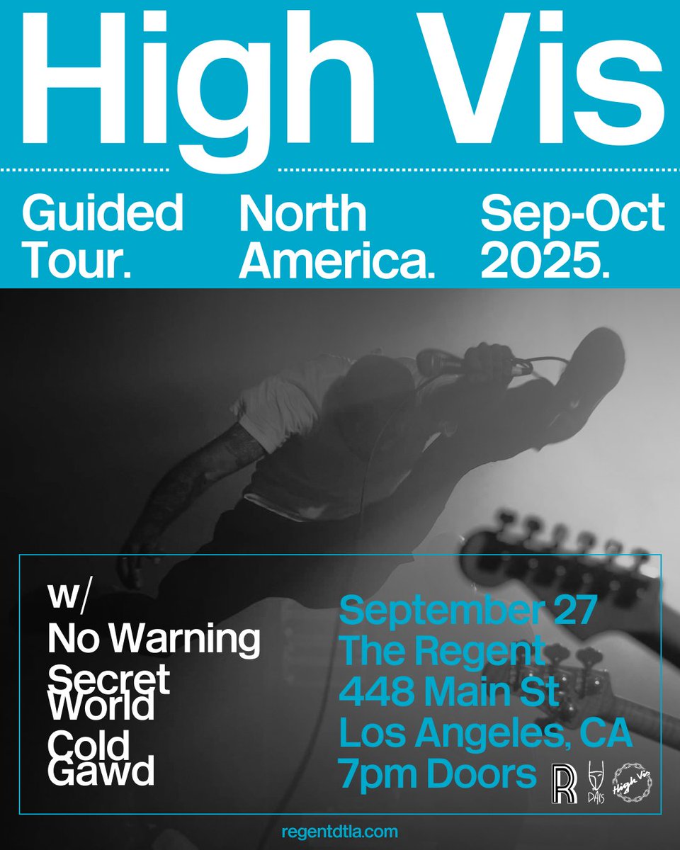 RegentTheaterLA's tweet image. UK post-hardcore band High Vis is returning to The Regent on Saturday, Sept 27th 🧨 Touring their 2024 album Guided Tour.
Pre-sale begins Wednesday, July 16th at 10 AM 🎫
On sale Friday, July 18th at 10 AM 🎫
regentdtla.com