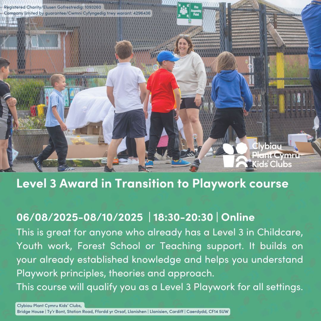 Level 3 Award in Transition to Playwork (22082) 
06/08/2025-08/10/2025 

BOOK NOW >> buff.ly/fOb3zja