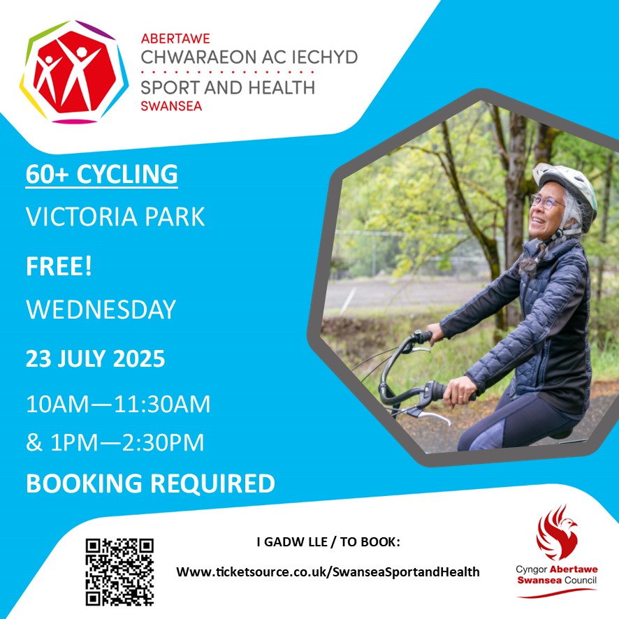 Get on your bike this July! 60+ Cycle. Wednesday 23rd July. 10-11:30am &amp; 1-2:30pm with refreshment stops! All abilities welcome &amp; bikes available - mountain bikes, electric bikes. ticketsource.co.uk/swanseasportan…