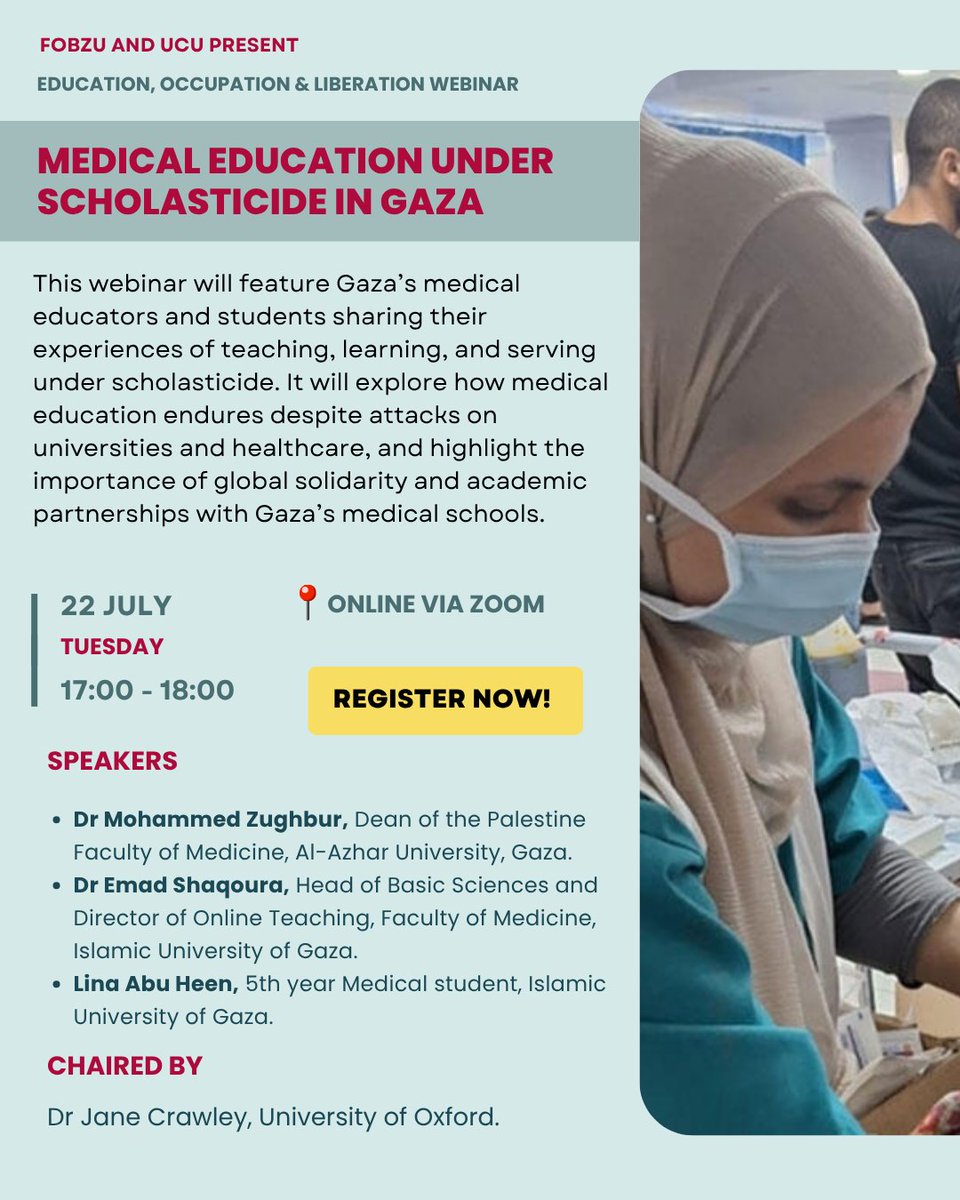 fobzu's tweet image. Next week! Join our webinar with @ucu on Medical Education Under Scholasticide in Gaza, featuring three of Gaza’s medical educators and students.
📅Tuesday, 22 July
⏲️17:00 to 18:00 GM
🔗bit.ly/4nQN1jm