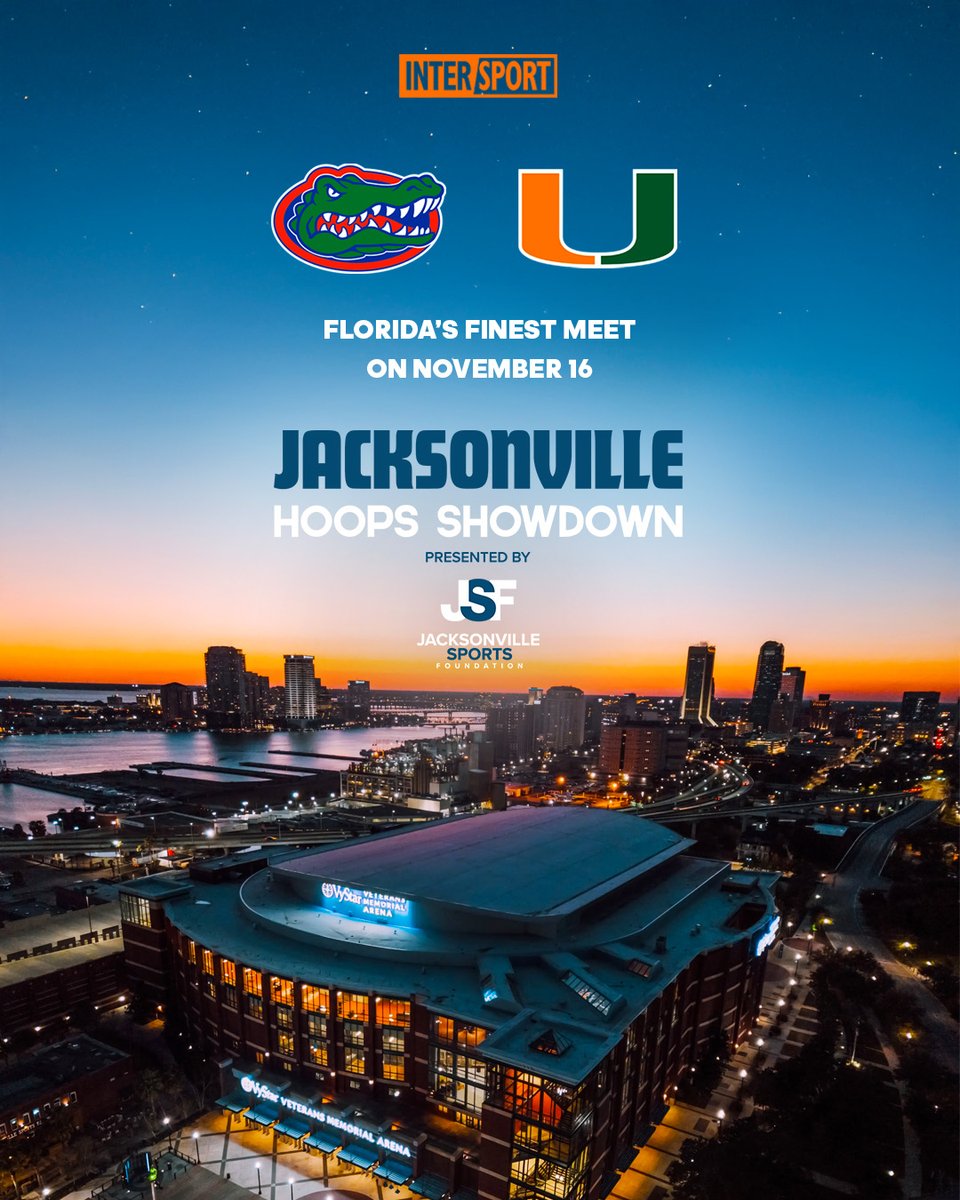 IntersportHoops's tweet image. The champs are coming to Jacksonville.
Florida vs. Miami
Jacksonville Hoops Showdown
Presented by the Jacksonville Sports Foundation
📍 VyStar Veterans Memorial Arena
📅 November 16