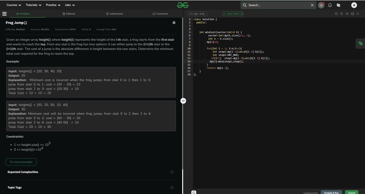BitwiseAbhi's tweet photo. Topic - Dynamic Programming
"DSA Streak Continues! | Day 83"
Problem statement :- Frog Jump ( GFG )
Both Top down (Recursion + dp) &amp; Bottom up (tabulation) https://t.co/5o9nDFOex5
