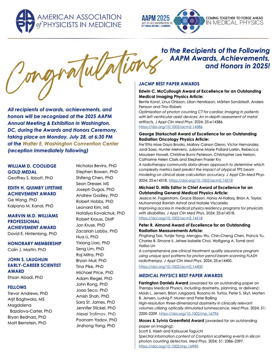aapmHQ's tweet photo. Heartfelt congratulations to the 2025 recipients of AAPM Awards, Achievements, and Honors! Recipients will be recognized during the Awards and Honors ceremony at #AAPM25 Monday July 28, at 6:30 PM at the Walter E. Washington Convention Center. Mark your calendar! https://t.co/Ol43GBSKvX