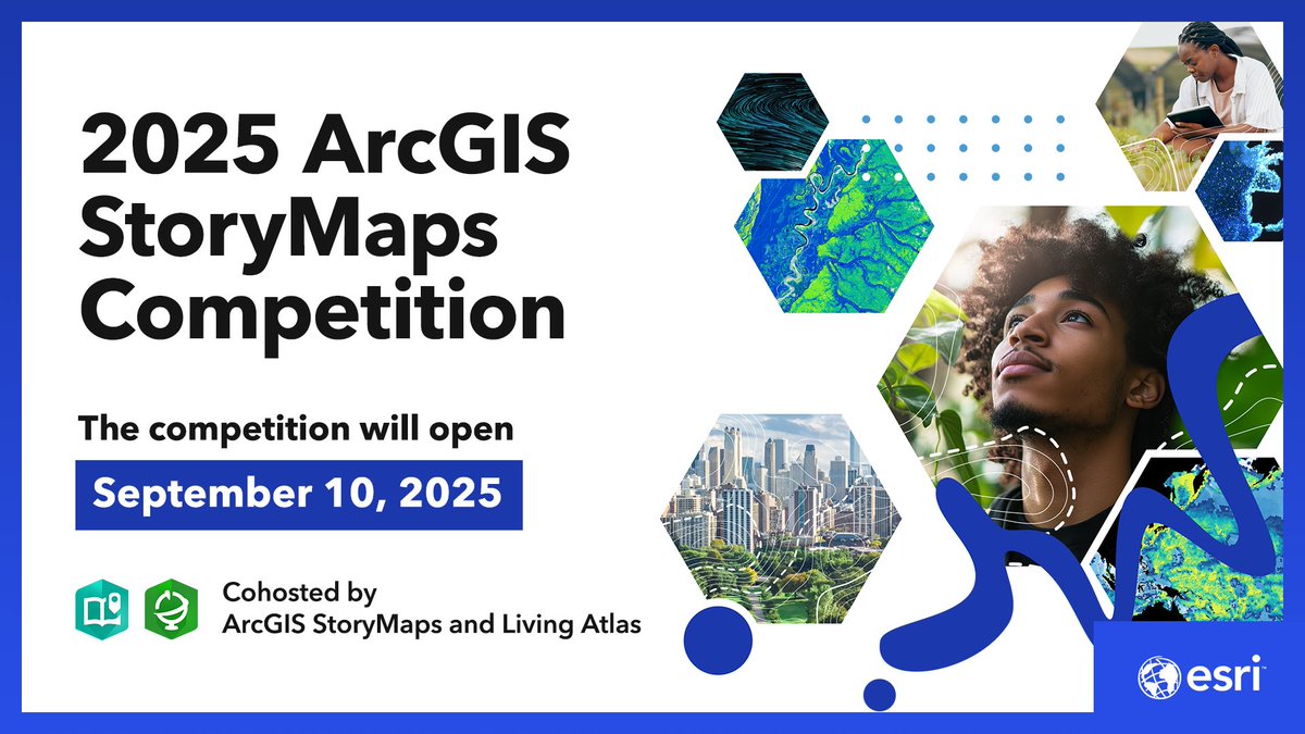 Esri's tweet image. It’s here—the 2025 ArcGIS StoryMaps Competition! 🙌🏽
This year, Esri’s #StoryMaps and #LivingAtlas are teaming up as your cohosts.
Join the fun, learn dataviz skills, and share your story. ow.ly/fNn850Woxmy