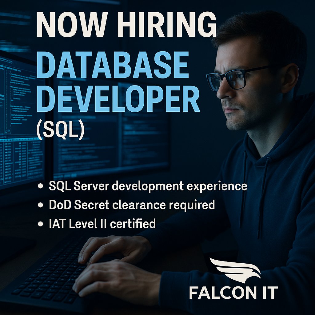 FalconITSS's tweet image. 🔍 #HIRING a Database Developer (SQL)
📍Location: Quantico, VA | Clearance: Secret
 📌 APPLY NOW: adr.to/km7xyai

@falconitss
#SQLJobs #DatabaseDeveloper #DoDCareers #SecretClearanceJobs #GovConJobs #VeteranOwned #QuanticoCareers #NowHiring #DataJobs #USMCSupport #SDVOSB