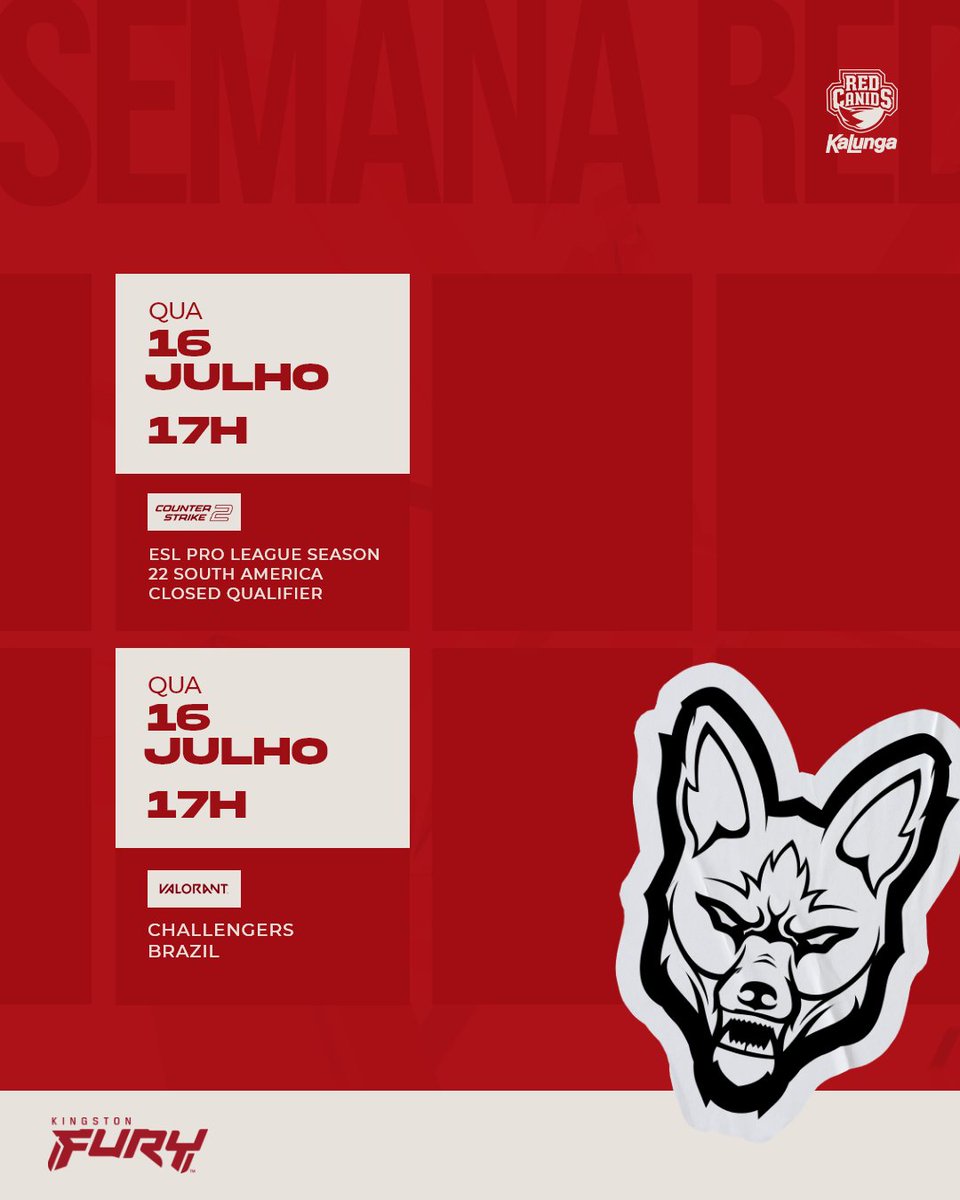 RED Canids Kalunga (@redcanids) on Twitter photo 🗓️ Agenda da semana by <a href="/KingstonBrasil/">Kingston Brasil</a>
Amanhã entramos em campo no CS e no VALORANT. Ambos os jogos serão em MD3, então fiquem ligados que no dia postaremos o link de transmissão! #GoRED 🗓️ Agenda da semana by <a href="/KingstonBrasil/">Kingston Brasil</a>
Amanhã entramos em campo no CS e no VALORANT. Ambos os jogos serão em MD3, então fiquem ligados que no dia postaremos o link de transmissão! #GoRED