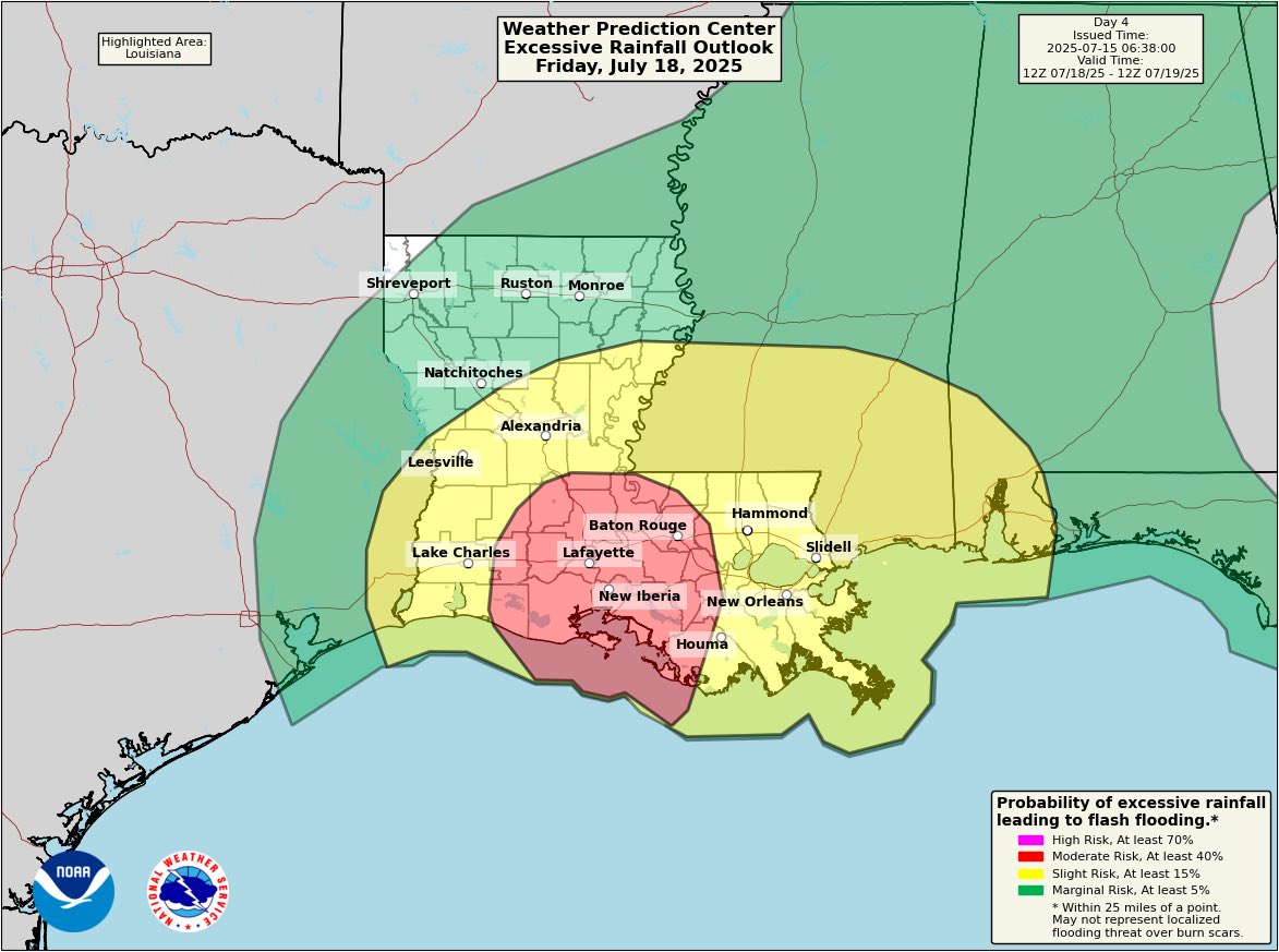 CollinGrossWx's tweet image. The Weather Prediction Center has put out a rare Day 4 Moderate Risk of flash flooding for south-central Louisiana. #Invest93L will bring lots of heavy rain to the area late in the week. #LAwx