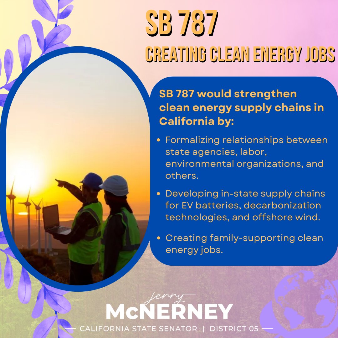 SenMcNerney's tweet image. Good news! The #caleg Assembly Transportation Committee last evening approved my SB 787, which would create more clean energy jobs in CA. SB 787 would strengthen clean energy supply chains for batteries, offshore wind, & building decarbonization.