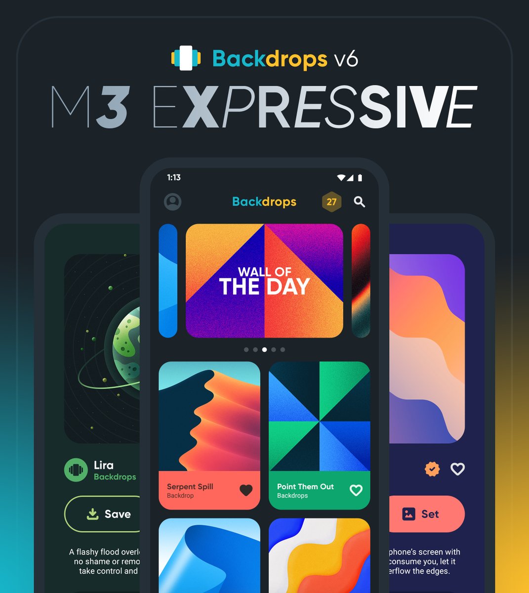 BackdropsApp's tweet image. The Backdrops #M3Expressive Experience is HERE! 🤯🎉

Head to the Play Store right now &amp;amp; update to the latest version to get a taste. There&apos;s new elements throughout the app, such as the carousel, rounded corners, new icons, gorgeous color palette pairings &amp;amp; more. Check it out!