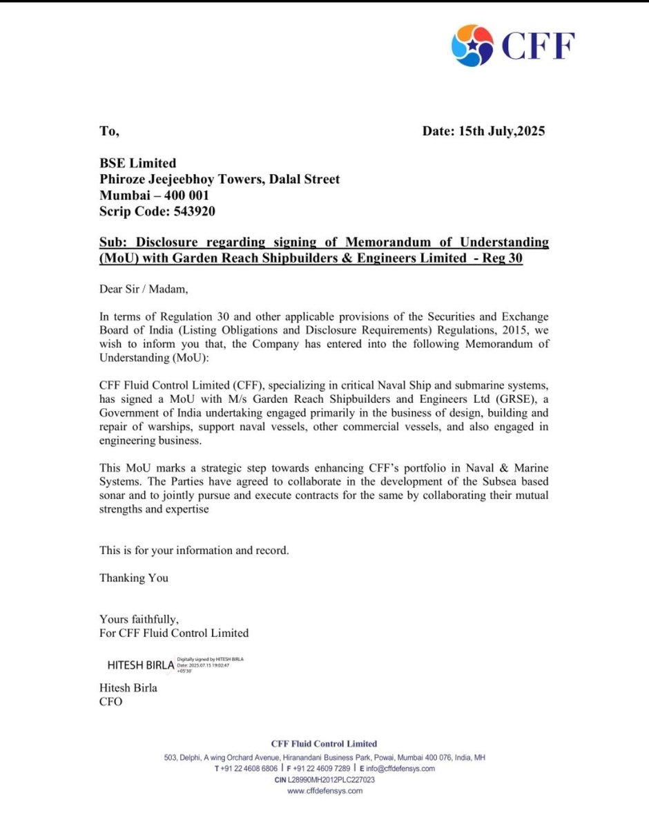 miteshsaraf78's tweet image. @nishkumar1977 @Sahilpahwa09 @DilipSharma31 

#MOU between #GRSE &amp;amp; #CFFFluidControl