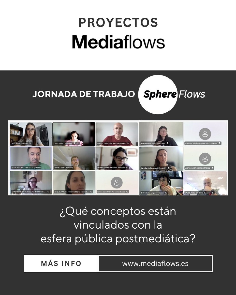 Parte del equipo que integra el proyecto #SphereFlows se ha reunido de manera online esta semana para seguir trabajando sobre conceptos imprescindibles en el desarrollo de nuestra investigación en torno a la esfera pública postmediática 🔍 ¡Próximamente compartiremos información!