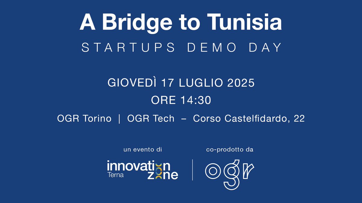 TernaSpA's tweet image. 📅 #SAVETHEDATE giovedì 17 luglio dalle 14.30
Nell’ambito dell’#InnovationZone Tunisi, Terna organizza “A Bridge to Tunisia - Startups Demo Day” presso gli spazi delle @TorinoOgr.
Si tratta di una delle tappe principali del #GlobalScaleupProgram, il primo programma di…
