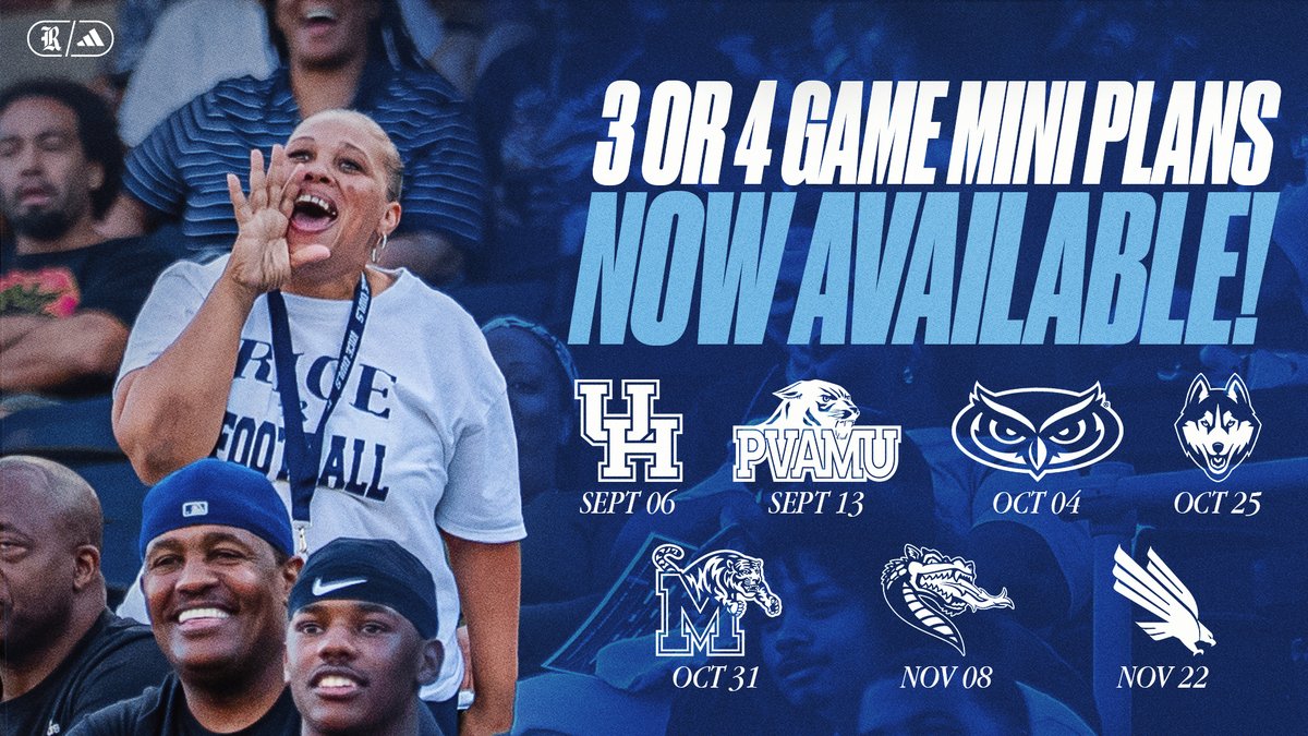 RiceAthletics's tweet image. Pick your perfect fall lineup—choose any 3 or 4 home games and lock in your seats today! bit.ly/4faou53