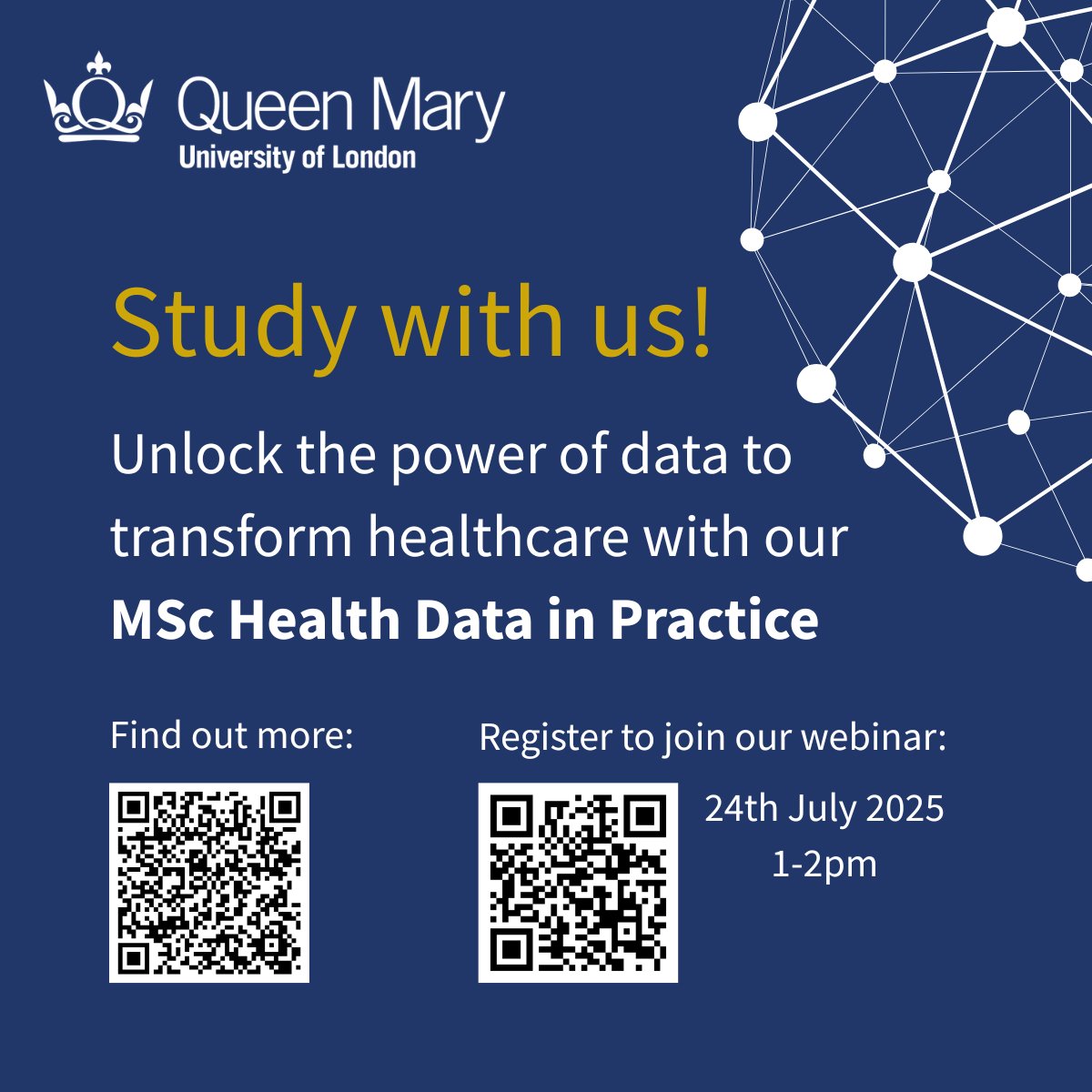 QMUL_CEG's tweet image. Study with us! Join our MSc Health Data in Practice and unlock the power of data to transform healthcare qmul.ac.uk/postgraduate/tโฆ Register your interest to receive an invitation to our webinar on 24 July: qmul.tfaforms.net/166