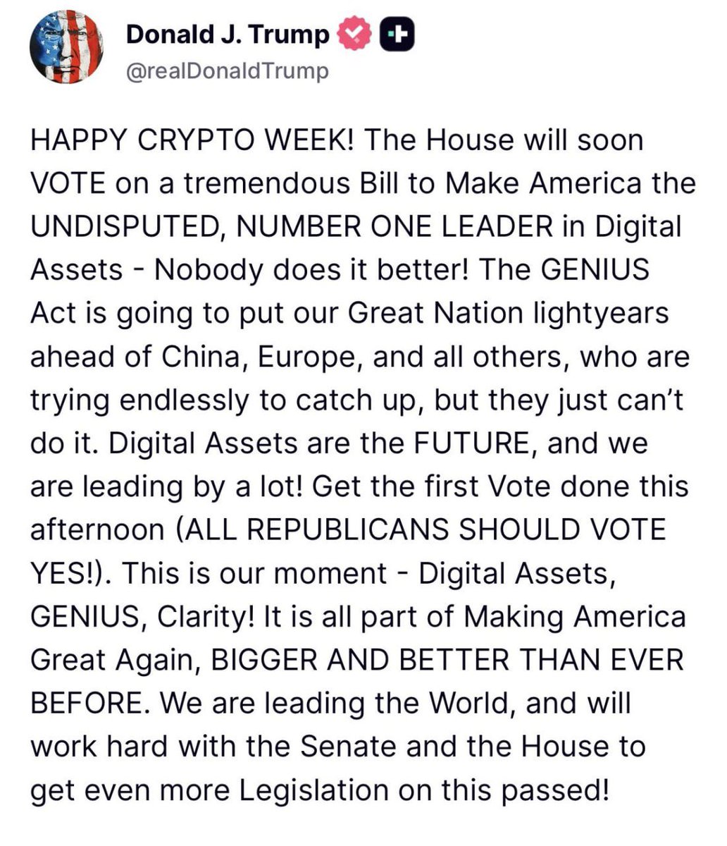 Pushpendra Singh (@pushpendrakum) on Twitter photo 🚨BREAKING:🇺🇸President Trump says, “Happy Crypto Week”
Digital assets are the future, and we’re way ahead! The first vote done this afternoon. 🚨BREAKING:🇺🇸President Trump says, “Happy Crypto Week”
Digital assets are the future, and we’re way ahead! The first vote done this afternoon.