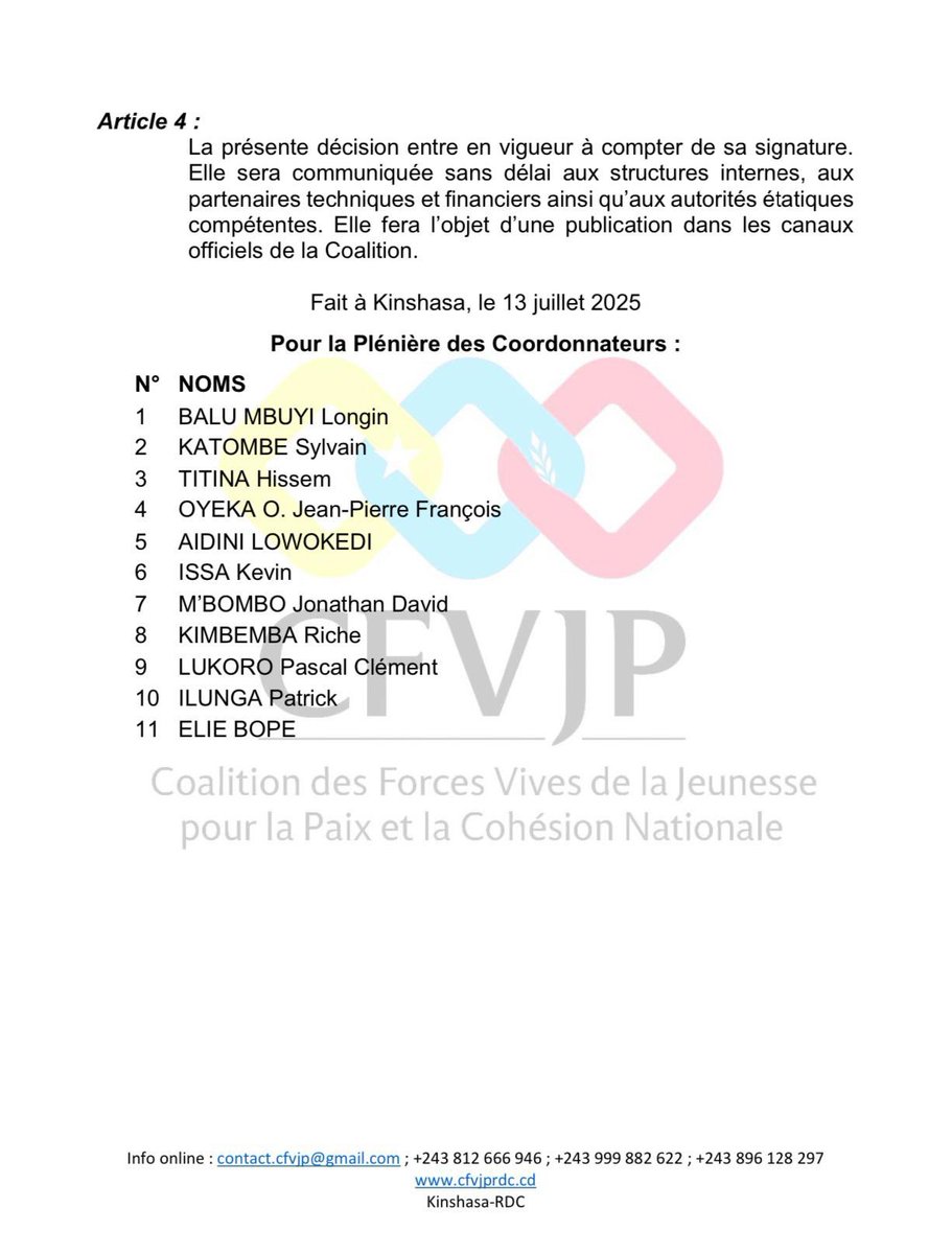 Leon KAKESE (@kakese_leon) on Twitter photo #RDC Exclusion définitive de Jonathan Kalumba <a href="/jkalumba49/">Jonathan Kalumba</a> de la CFVJP pour manquements graves.
La Plénière des Coordonnateurs de la CFVJP a acté l’exclusion définitive de Jonathan Kalumba wa Ilunga pour comportements jugés gravement contraires aux principes de la coalition. Il #RDC Exclusion définitive de Jonathan Kalumba <a href="/jkalumba49/">Jonathan Kalumba</a> de la CFVJP pour manquements graves.
La Plénière des Coordonnateurs de la CFVJP a acté l’exclusion définitive de Jonathan Kalumba wa Ilunga pour comportements jugés gravement contraires aux principes de la coalition. Il