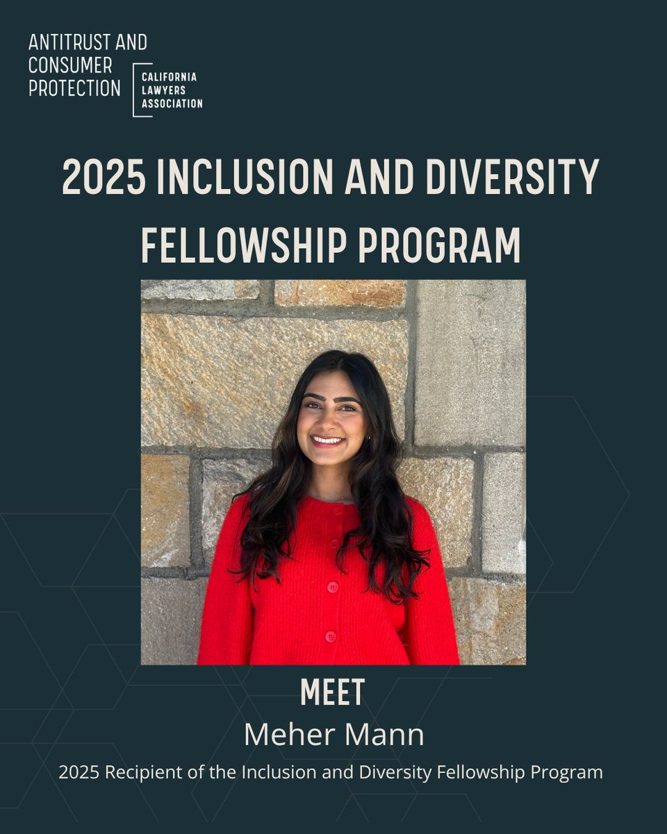 CLAAntitrust's tweet image. 🎉 Congratulations to the 2025 Inclusion &amp;amp; Diversity Fellowship Recipients! 🎉

Meet Meher Mann, a 1L at the University of Michigan Law School and one of this year’s fellows! 📚⚖️

📽️ Watch Meher’s story: bit.ly/408RbZN