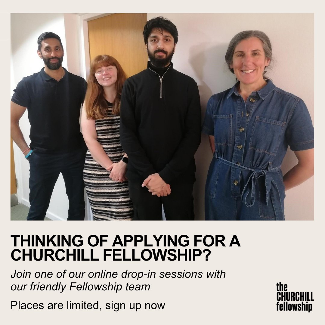 ChurchillFship's tweet image. Thinking about applying for a Churchill Fellowship? Join a drop-in session for guidance on the process💬
Sign up now – the first session is on Weds 23 July: eventbrite.co.uk/o/the-churchil…
Plus, stay tuned for three new Fellowship programmes launching next week! ✨