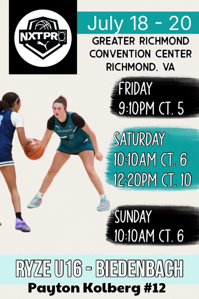 Payton Kolberg (@payton_kolberg) on Twitter photo My schedule for the <a href="/PRO16G/">NXTPRO Girls League</a> Live Period July 18-20 in Richmond w/ <a href="/RyzeAthletics/">RYZE Athletics</a>. <a href="/EVC32/">Coach V</a> <a href="/MBied1/">Matt Biedenbach</a> <a href="/OHSgbball/">Lady Braves Basketball</a> <a href="/CJJJ_23/">Christiana Jefferson McKey</a> <a href="/klarkeransome21/">klarke_ransome</a> <a href="/mikemillsnc/">Mike Mills WBB College Recruiting</a> <a href="/ProspectShowcse/">Prospect_ShowcaseWBB</a> <a href="/keith_curry/">adrian curry</a> <a href="/Damanig3/">Damani</a> <a href="/PUMAHoops/">PUMA Basketball</a> <a href="/PGH_Ohio/">Prep Girls Hoops Ohio</a> <a href="/Carmela2027/">@CarmelaBiedenbach_2027</a> <a href="/SamMcGough2027/">Samantha McGough</a> <a href="/TyleeDavis04/">Tylee Davis</a> <a href="/AlexanderA2028/">Ava Alexander</a> My schedule for the <a href="/PRO16G/">NXTPRO Girls League</a> Live Period July 18-20 in Richmond w/ <a href="/RyzeAthletics/">RYZE Athletics</a>. <a href="/EVC32/">Coach V</a> <a href="/MBied1/">Matt Biedenbach</a> <a href="/OHSgbball/">Lady Braves Basketball</a> <a href="/CJJJ_23/">Christiana Jefferson McKey</a> <a href="/klarkeransome21/">klarke_ransome</a> <a href="/mikemillsnc/">Mike Mills WBB College Recruiting</a> <a href="/ProspectShowcse/">Prospect_ShowcaseWBB</a> <a href="/keith_curry/">adrian curry</a> <a href="/Damanig3/">Damani</a> <a href="/PUMAHoops/">PUMA Basketball</a> <a href="/PGH_Ohio/">Prep Girls Hoops Ohio</a> <a href="/Carmela2027/">@CarmelaBiedenbach_2027</a> <a href="/SamMcGough2027/">Samantha McGough</a> <a href="/TyleeDavis04/">Tylee Davis</a> <a href="/AlexanderA2028/">Ava Alexander</a>