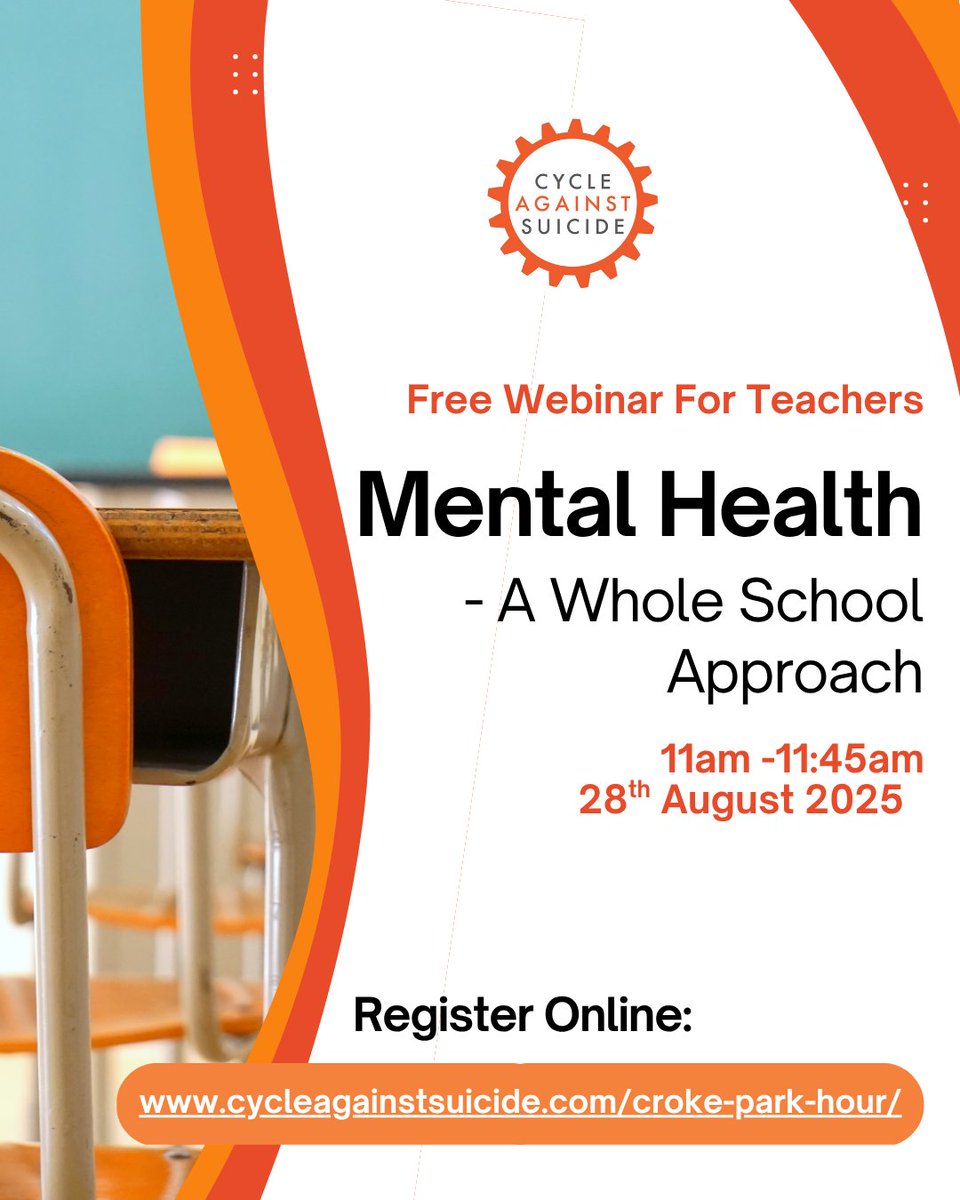 CASuicide's tweet image. 🖥️ Mental Health: A Whole-School Approach
Free webinar for teachers with Dr. Blánaid Gavin.
📅 Aug 28 | 🕚 11–11:45am | 📍Live on Zoom
Gain the knowledge & skills to embed wellbeing into school culture
Register: cycleagainstsuicide.com/croke-park-hou…