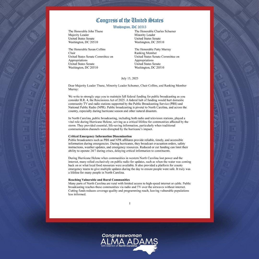 RepAdams's tweet image. Today, I sent a letter with @RepDeborahRoss, @ValerieFoushee, and @RepDonDavis calling on Senate leadership to strike cuts to public broadcasting in the rescissions package to keep NC safe during emergencies.
Read our full letter here: adams.house.gov/media-center/p…