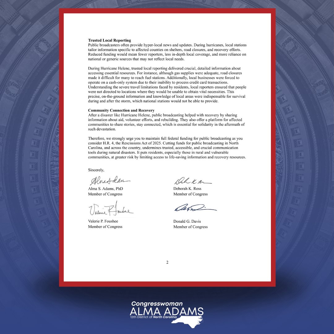RepAdams's tweet image. Today, I sent a letter with @RepDeborahRoss, @ValerieFoushee, and @RepDonDavis calling on Senate leadership to strike cuts to public broadcasting in the rescissions package to keep NC safe during emergencies.
Read our full letter here: adams.house.gov/media-center/p…