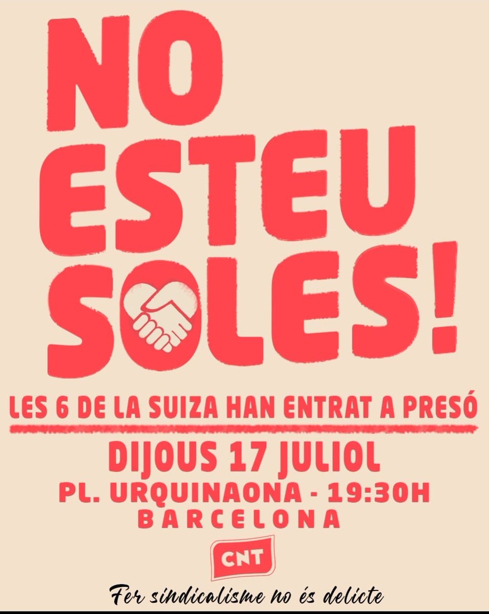 MANIFESTACIÓ A BCN
🗓️Dijous 17 de juliol
🕗A les 19:30h
📍Pl. Urquinaona 
⚠️ Sortida amb Renfe des de Estació del Nord de Terrassa a les 17:30h